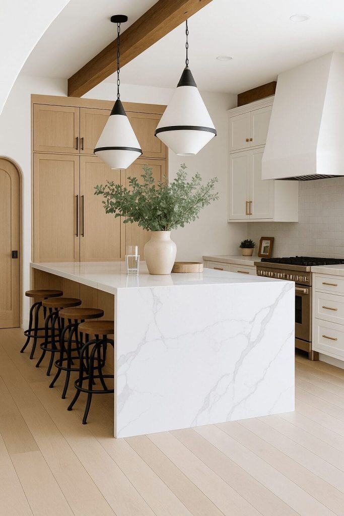 white marble waterfall countertop