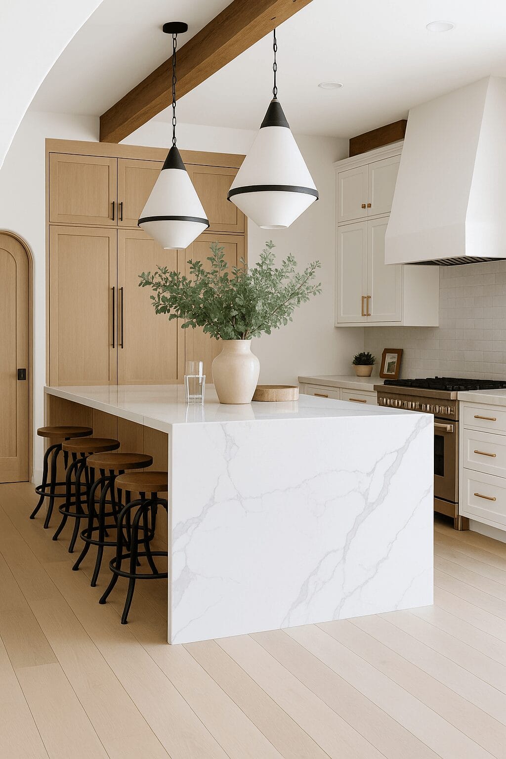 white marble waterfall countertop